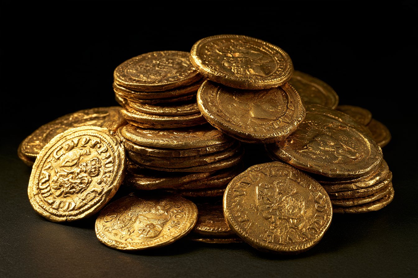 Macro of old gold treasure coins on black