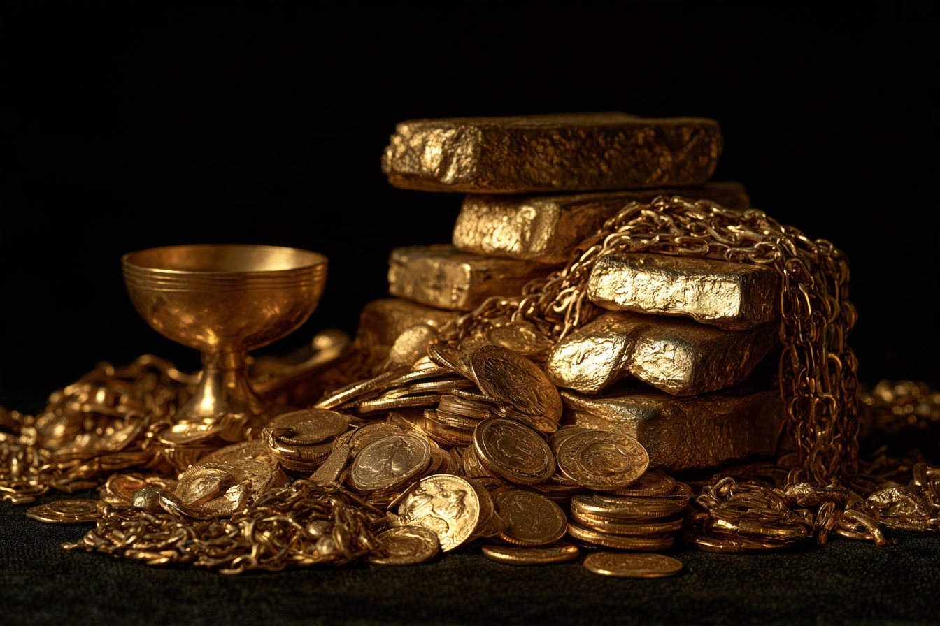 Antique gold ingots, coins and chains lit by a single light on black
