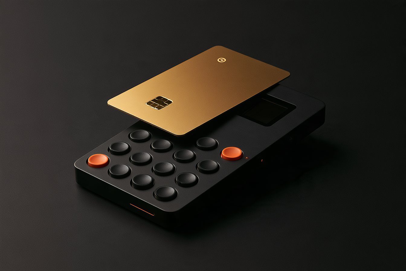 The GOLD card resting on a compact black GOLD card reader